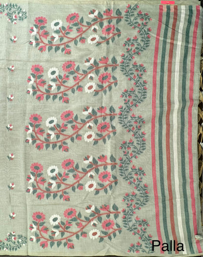 Pista Green Floral Blended Cotton Saree