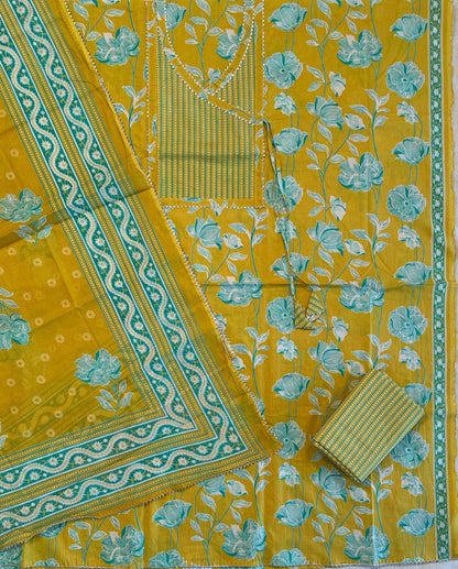 Yellow  Angrakha Printed Cotton 3-Piece Suit