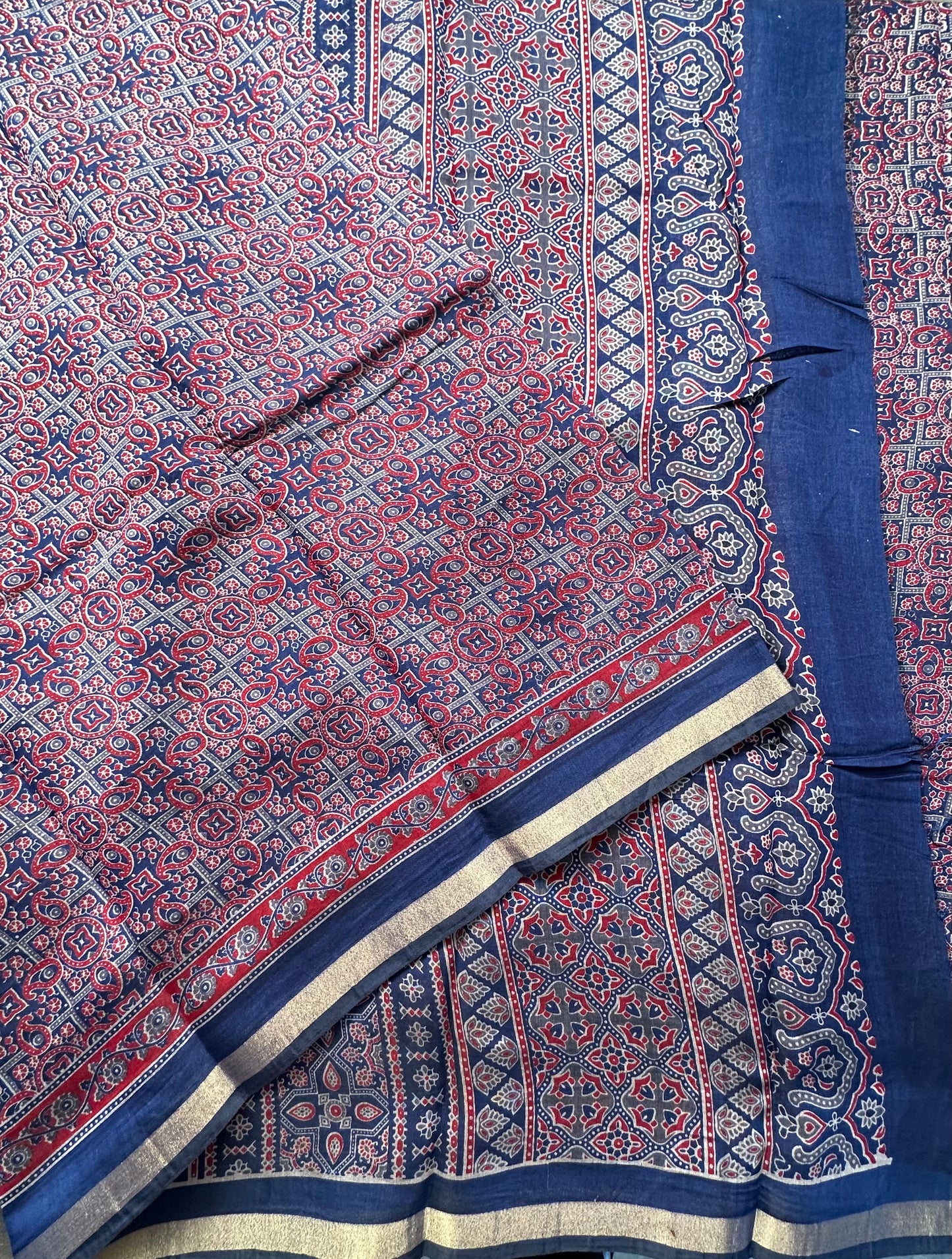 Navy Blue Ajrakh Print Cotton Blend Saree