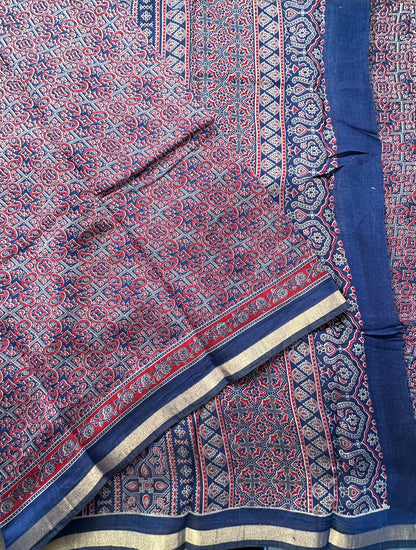 Navy Blue Ajrakh Print Cotton Blend Saree