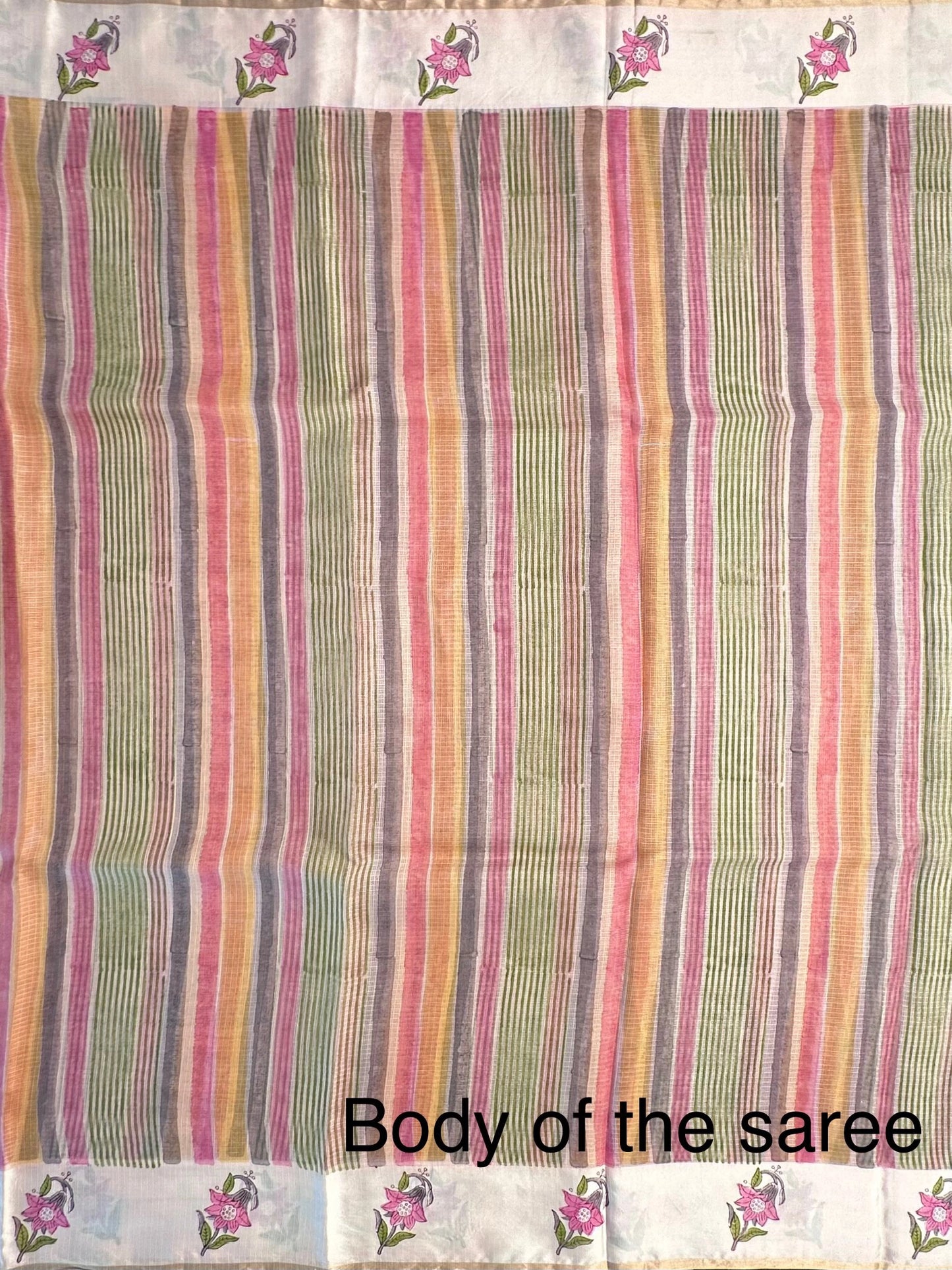 Peach-Multi Colour Hand Block-Print Pure Kota Doria Silk Saree