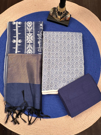 Blue Jacquard 3-piece Unstitched Cotton Suit