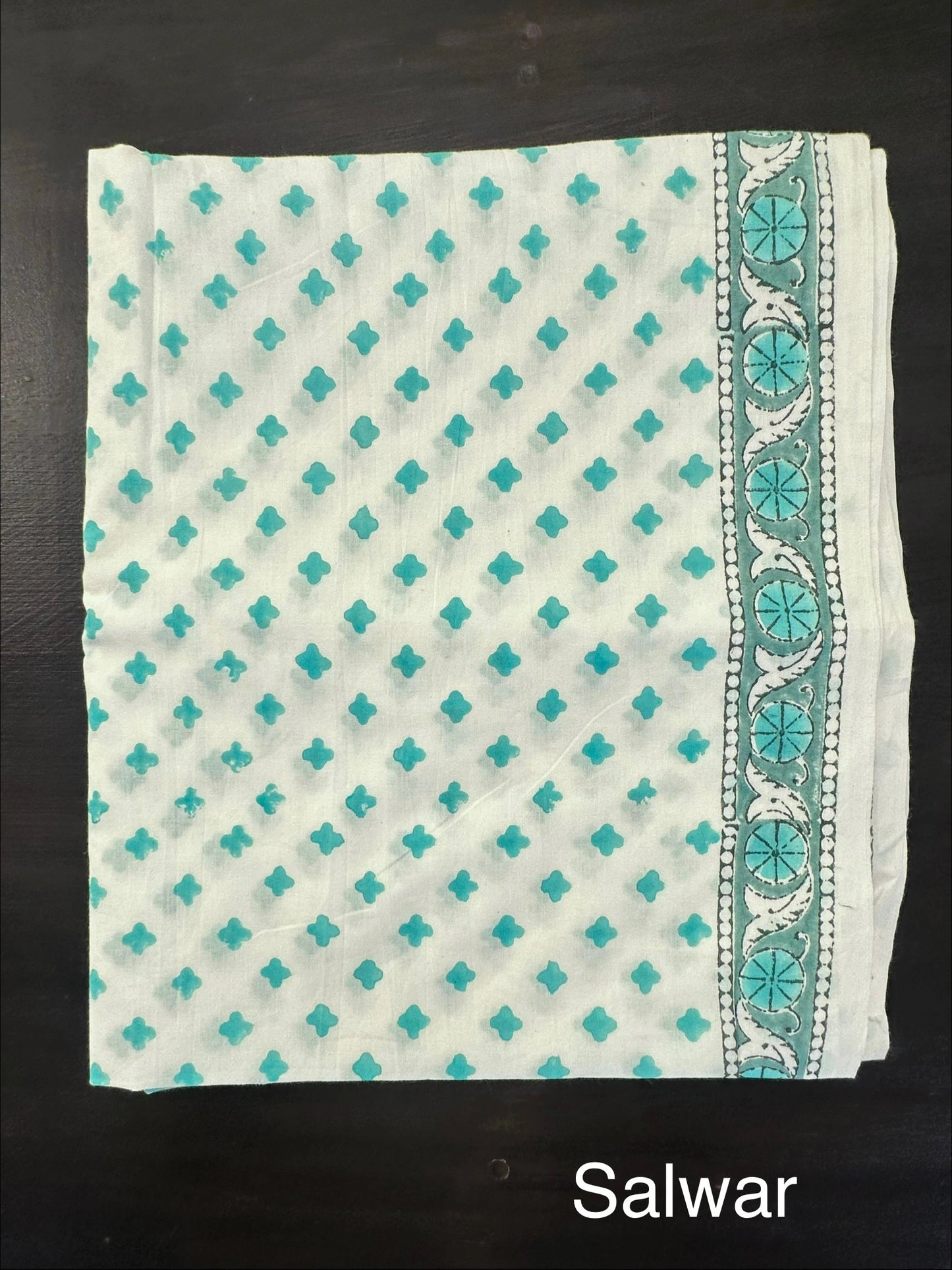 Off White-Sea Green Hand Block Printed Chanderi 3-Piece Unstitched Suit with Aari Work