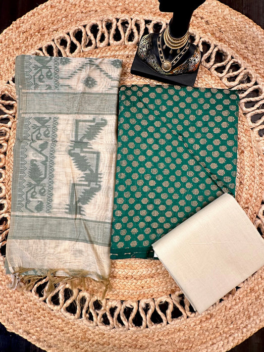 Bottle Green Jacquard 3-piece Unstitched Cotton Suit