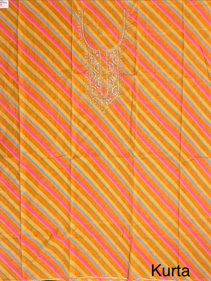 Mustard -Multi Colour Leheriya Jaipuri Cotton Unstitched 3-Piece Suit