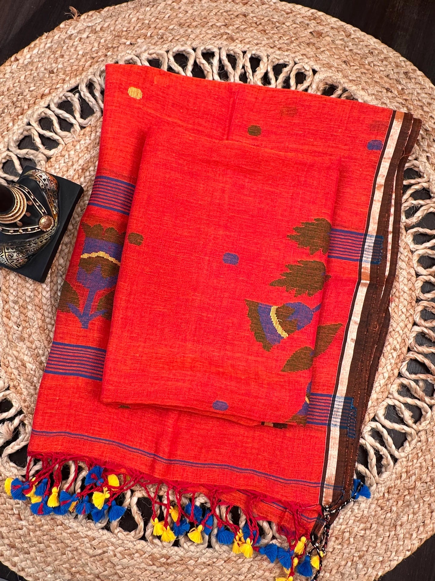 Kesari Orange Linen Dhakai 2 Piece Kurta Dupatta Unstitched Set