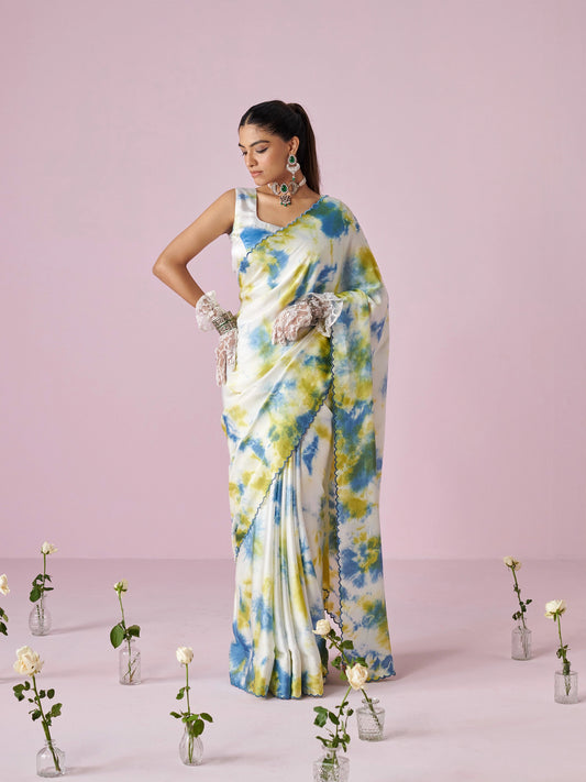 Green-Blue Saranya Abstract Satin Saree (Made on Order)