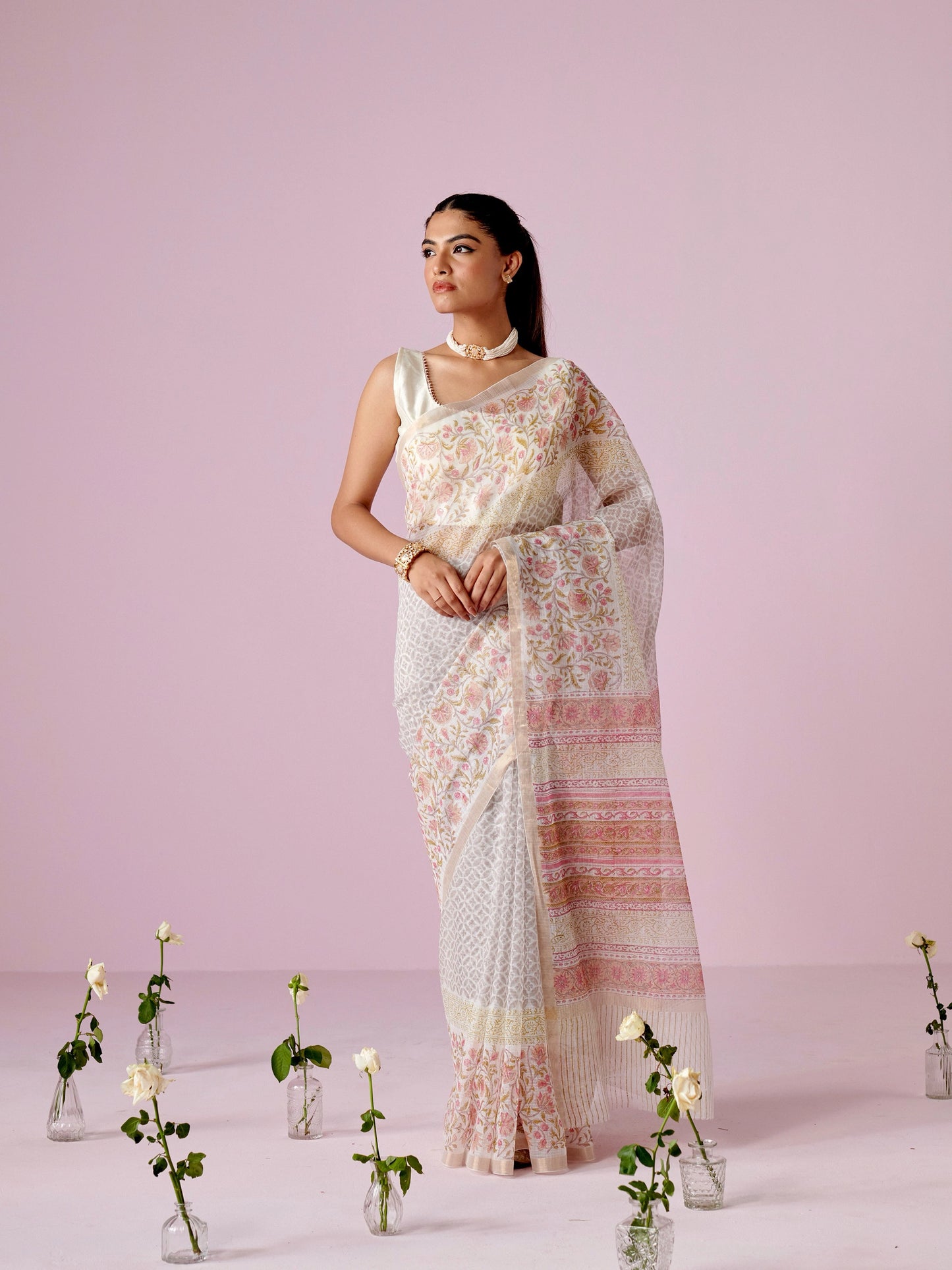 Off White - Grey Block Printed Kota Doria