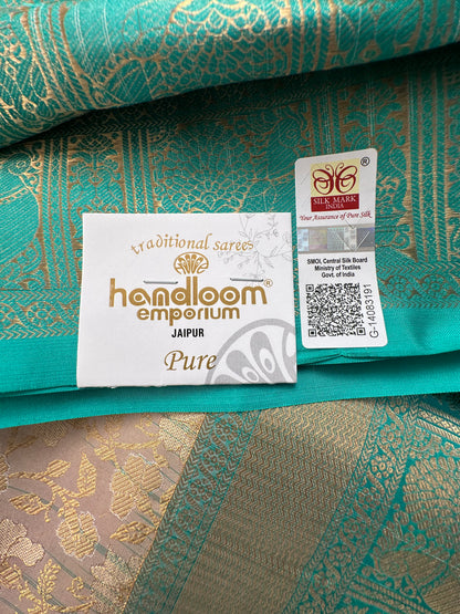 Cream-Sea Green Handloom Kanjivaram Jamawar Pure Silk Saree
