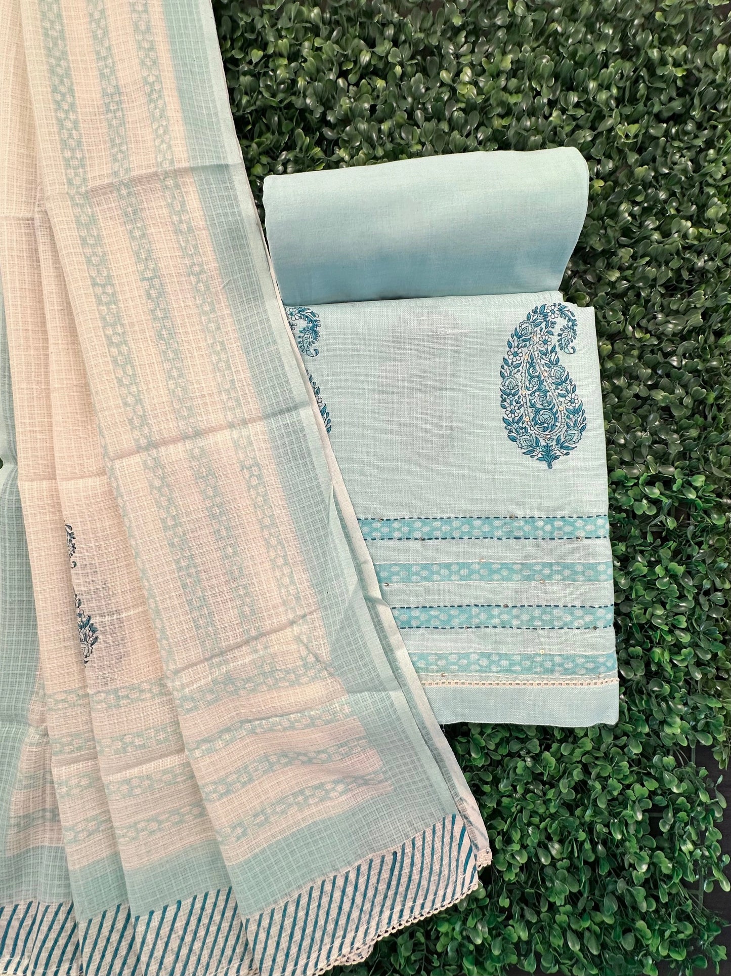 Firozi Jute Cotton 3-piece Unstitched  Suit