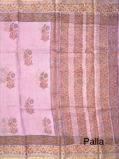 Purple Hand Block-Print Pure Kota Doria Silk Saree