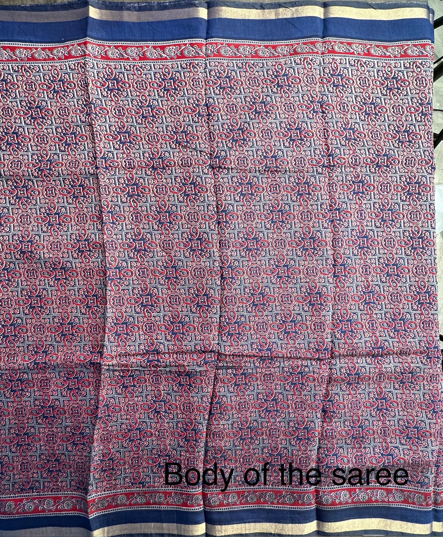 Navy Blue Ajrakh Print Cotton Blend Saree