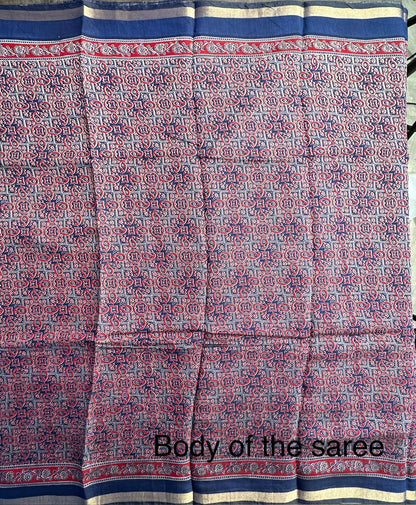 Navy Blue Ajrakh Print Cotton Blend Saree