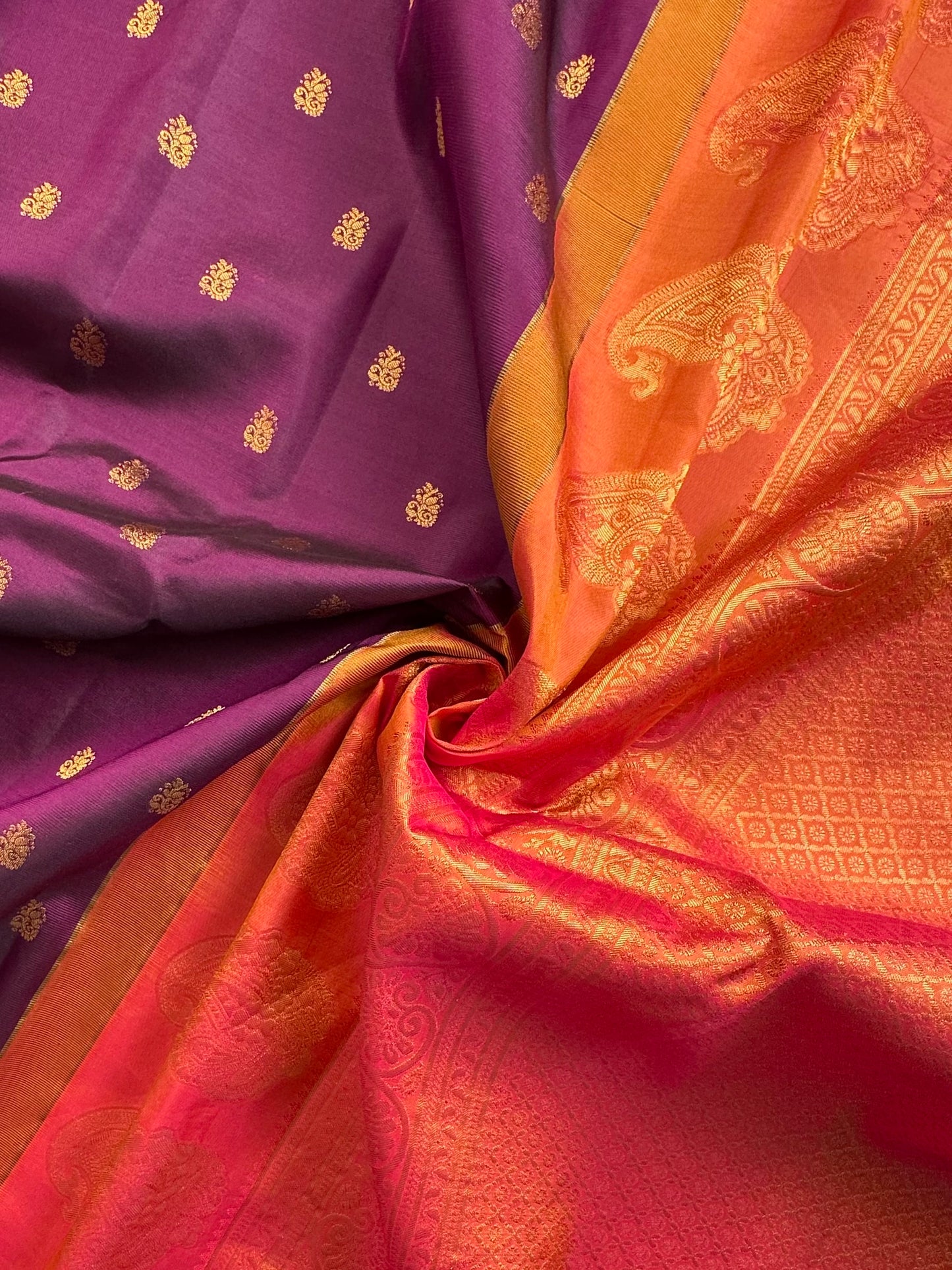 Purple-Coral Gadwal Pure Silk Saree