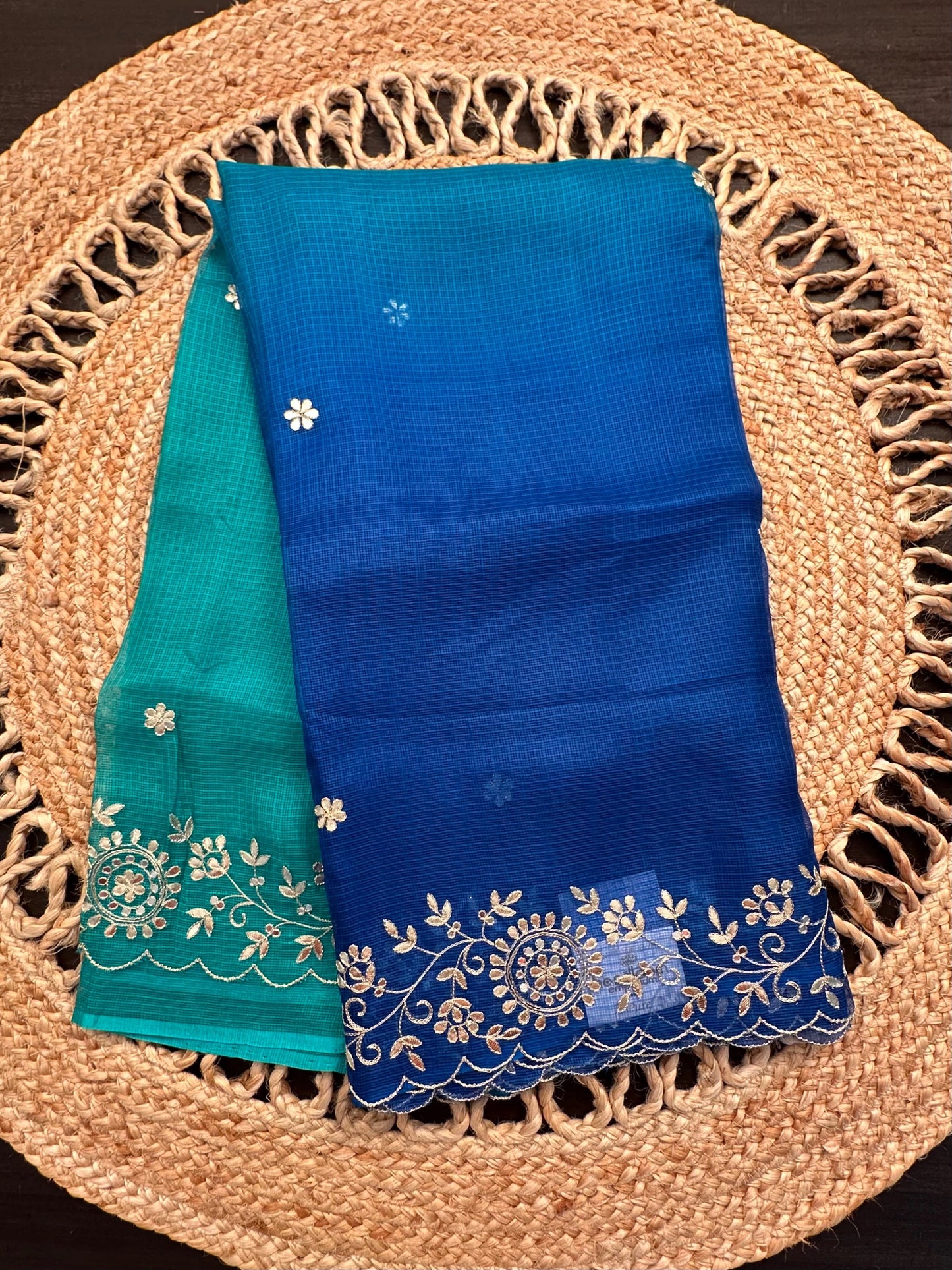 Sea Green-Blue Rati Shaded Kota Doria Pure Silk Saree With Gota Patti Work