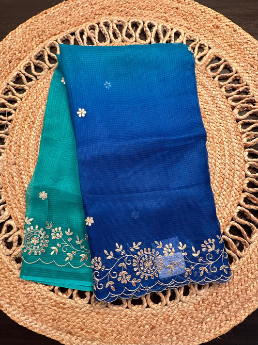 Sea Green-Blue Rati Shaded Kota Doria Pure Silk Saree With Gota Patti Work