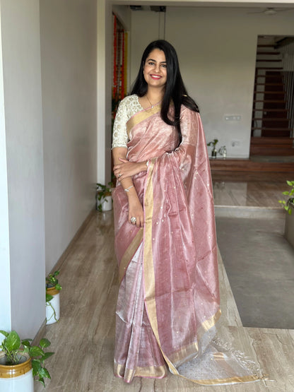 Dusky Pink-Silver Pure Tissue Silk Saree