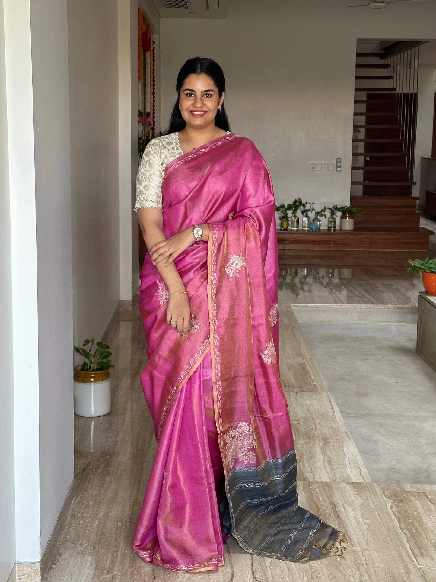 Rani Pink Aari Work Tissue Silk Saree