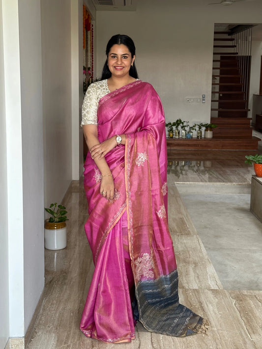 Rani Pink Aari Work Tissue Silk Saree