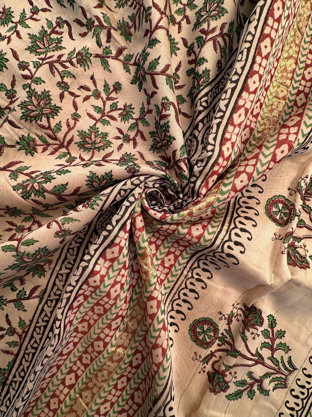 Beige-Maroon Chanderi Saree with Hand Block Print
