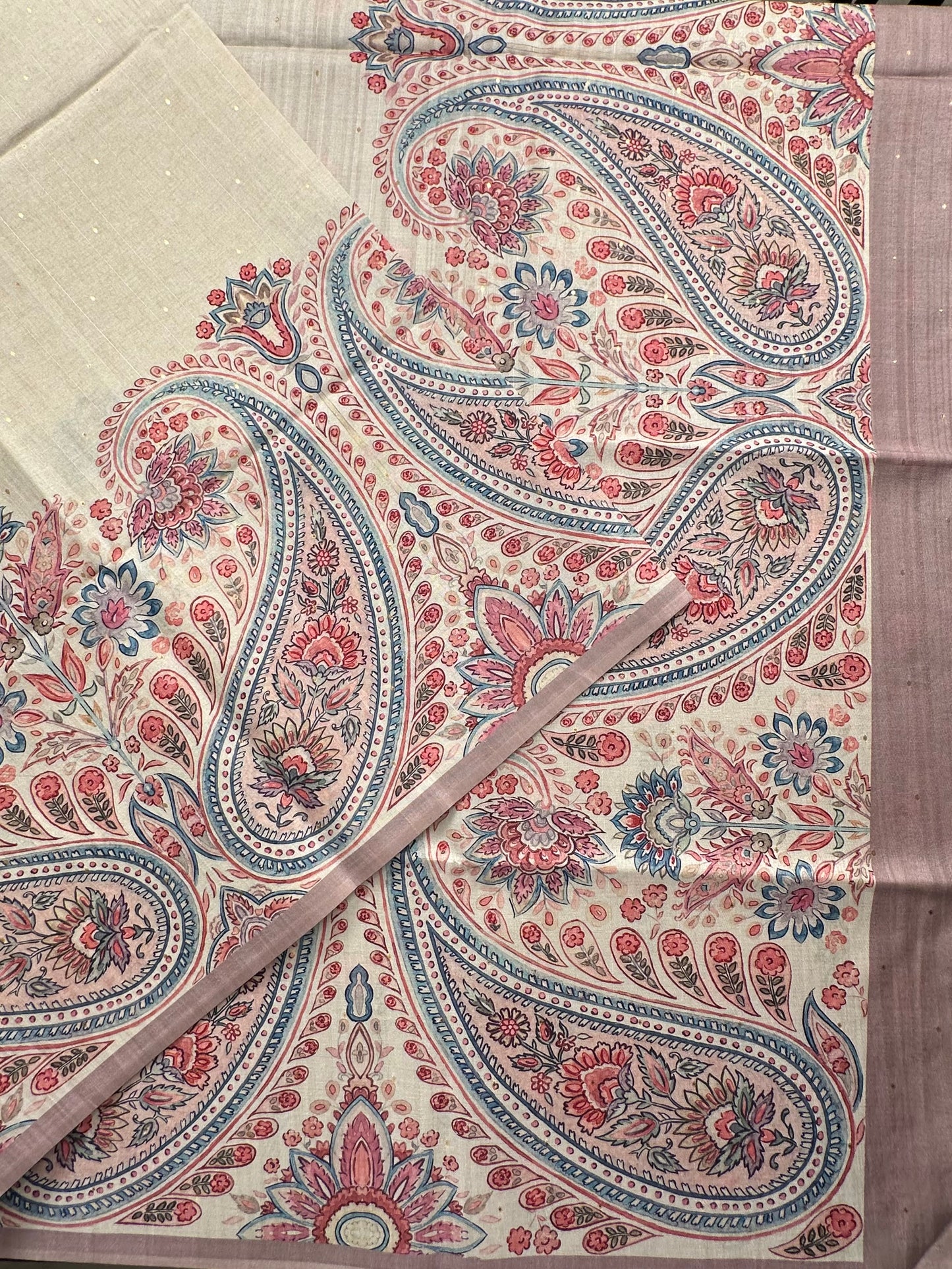 Off White-Champagne Printed Art Silk Saree