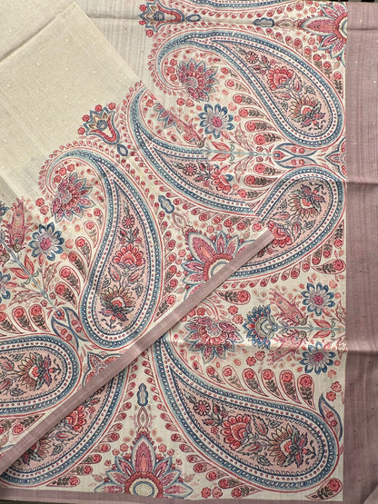 Off White-Champagne Printed Art Silk Saree