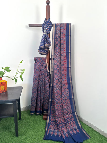 Navy Blue Ajrakh Print Cotton Blend Saree