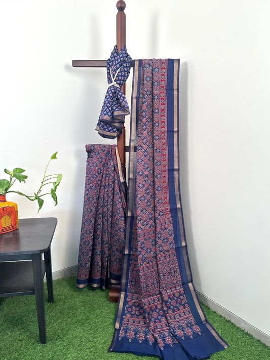 Navy Blue Ajrakh Print Cotton Blend Saree
