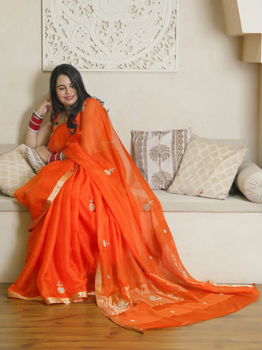 Orange Kota Doria Pure Silk Saree With Hand Work