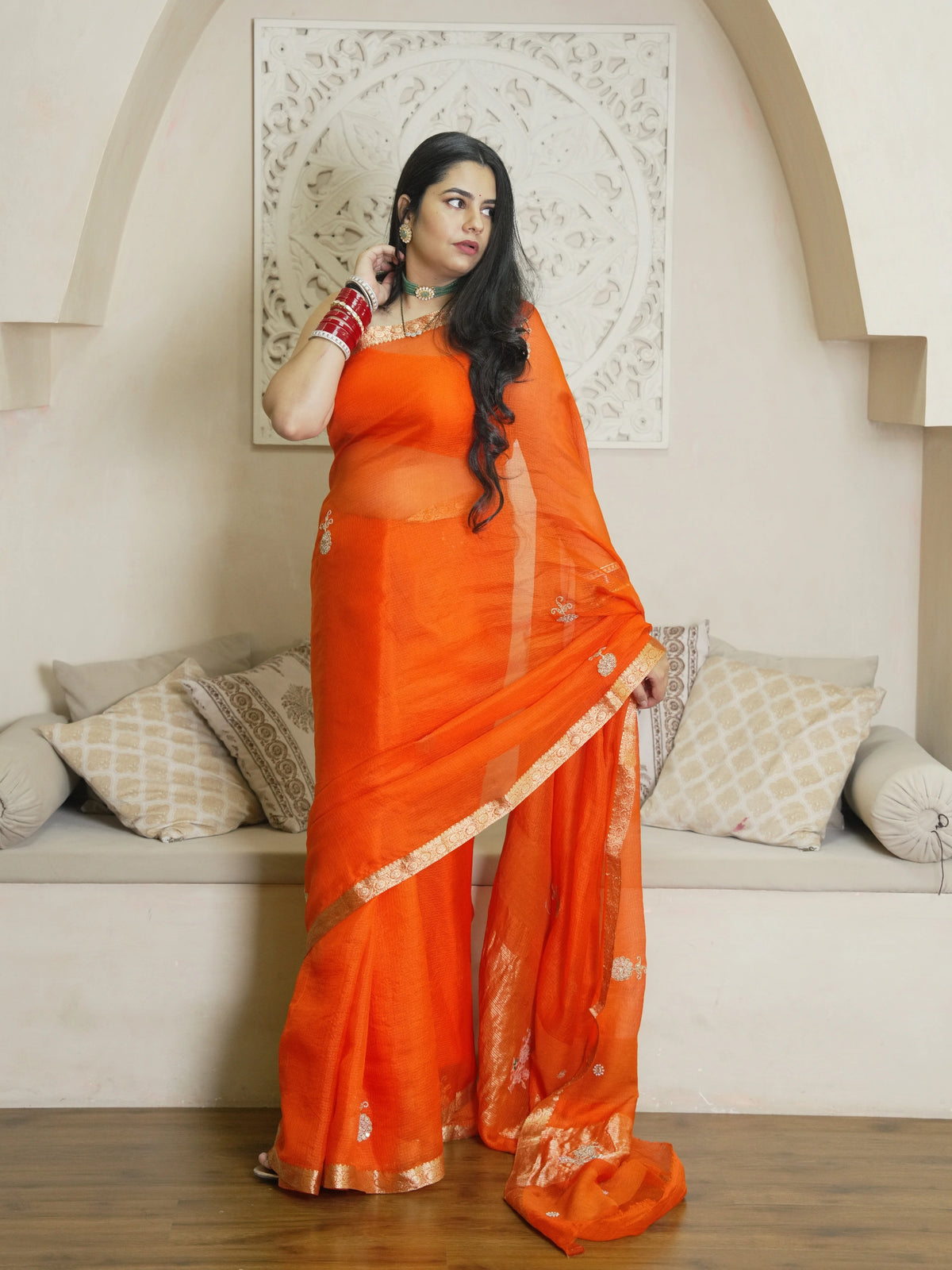 Orange Kota Doria Pure Silk Saree With Hand Work