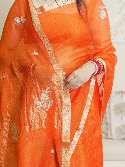 Orange Kota Doria Pure Silk Saree With Hand Work