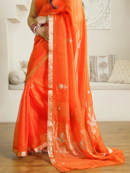 Orange Kota Doria Pure Silk Saree With Hand Work