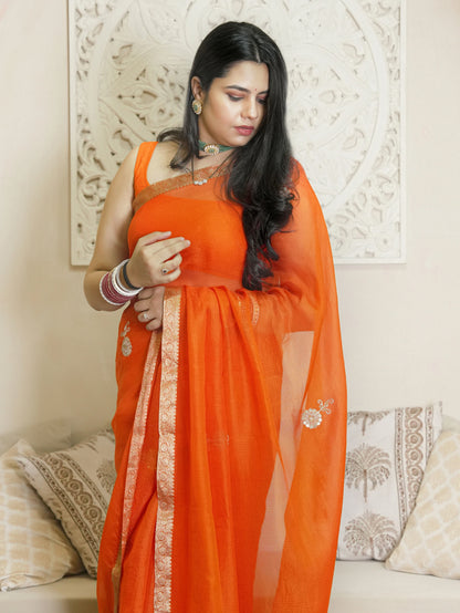 Orange Kota Doria Pure Silk Saree With Hand Work