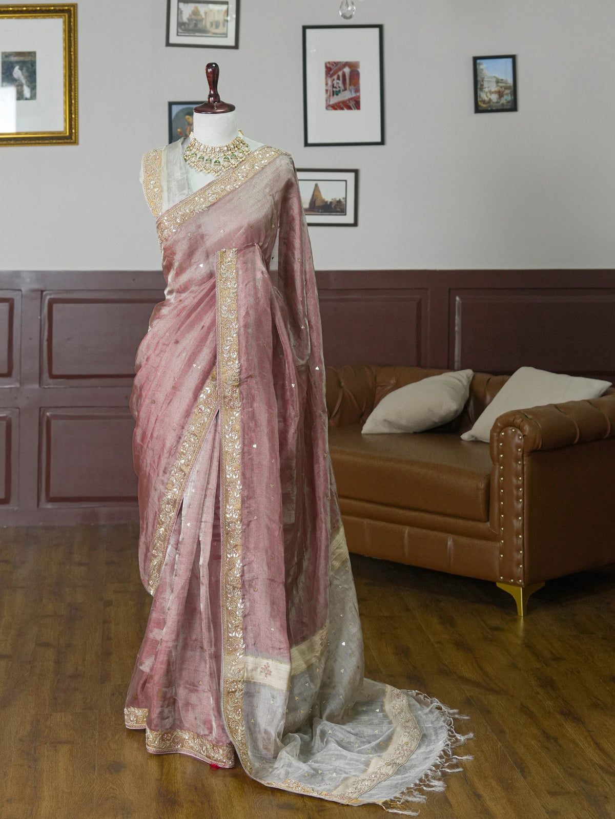 Dusky Pink- Silver Tissue Silk Saree with Hand Work