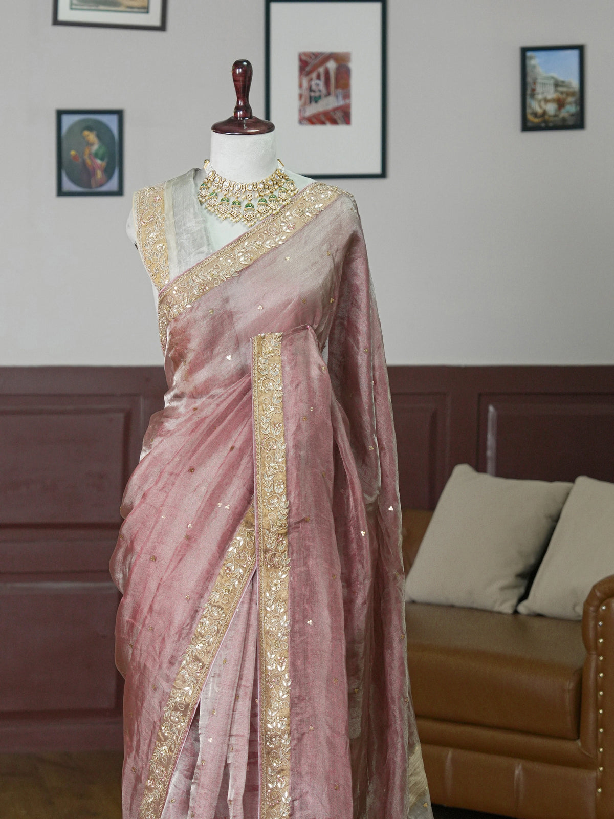 Dusky Pink- Silver Tissue Silk Saree with Hand Work