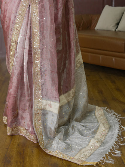 Dusky Pink- Silver Tissue Silk Saree with Hand Work