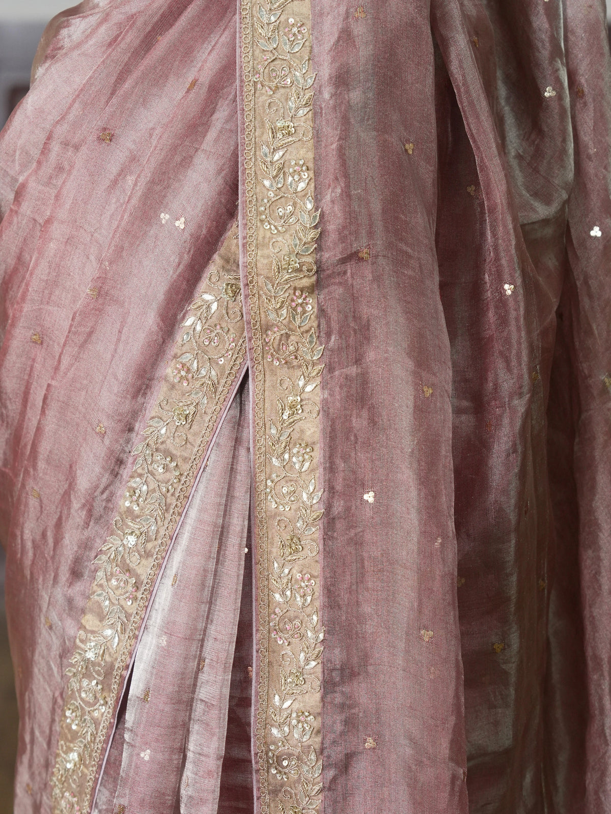 Dusky Pink- Silver Tissue Silk Saree with Hand Work