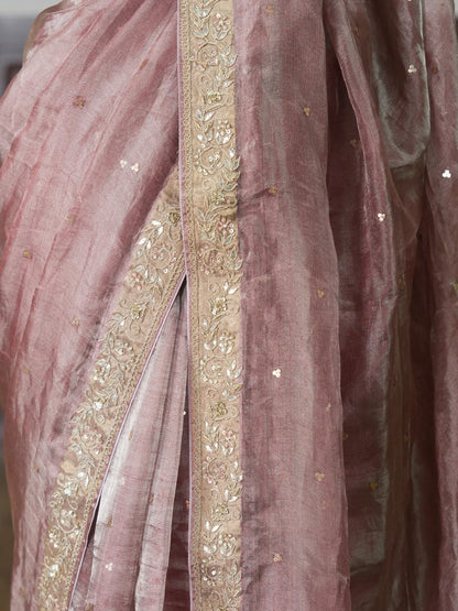 Dusky Pink- Silver Tissue Silk Saree with Hand Work