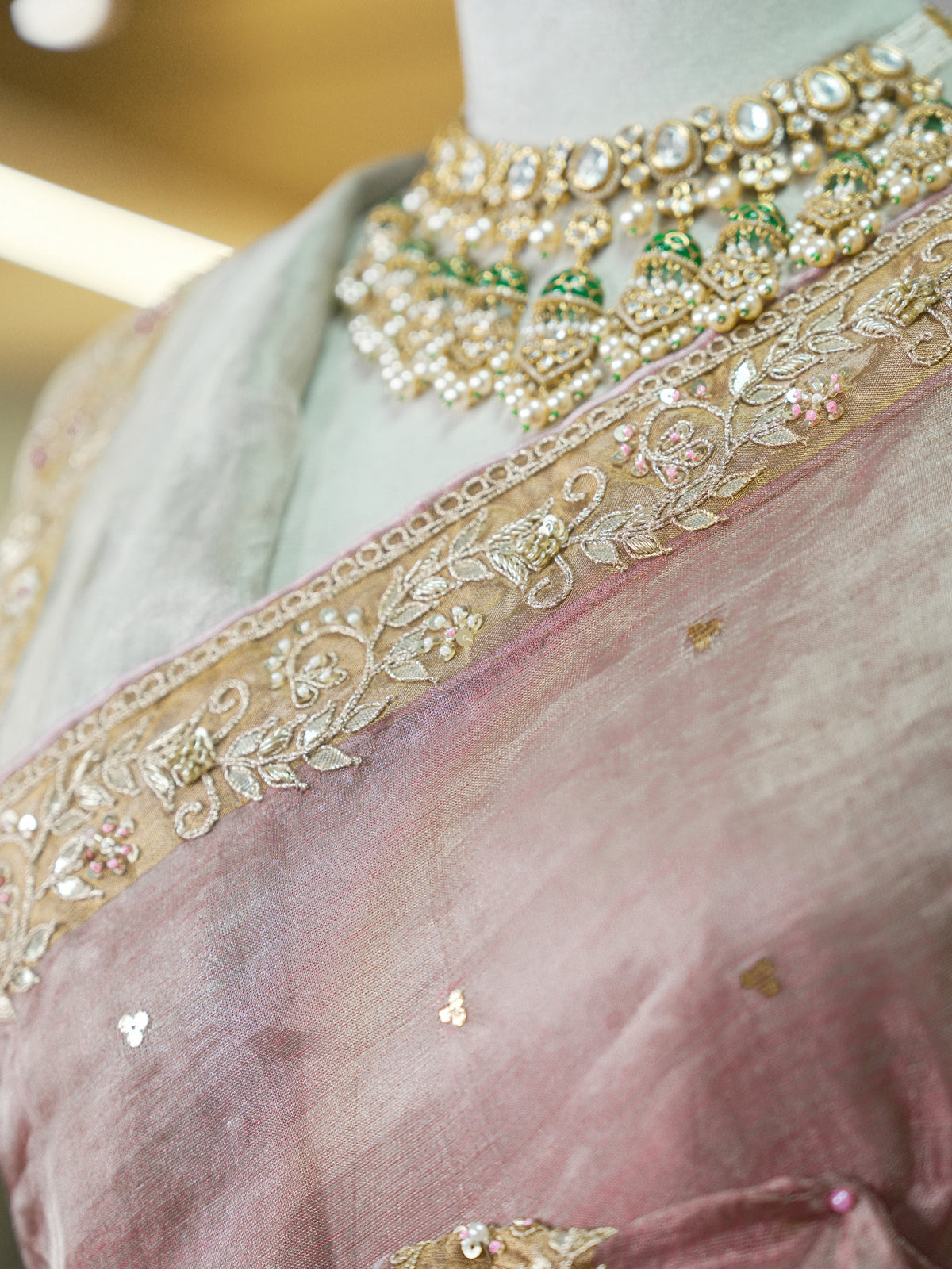 Dusky Pink- Silver Tissue Silk Saree with Hand Work