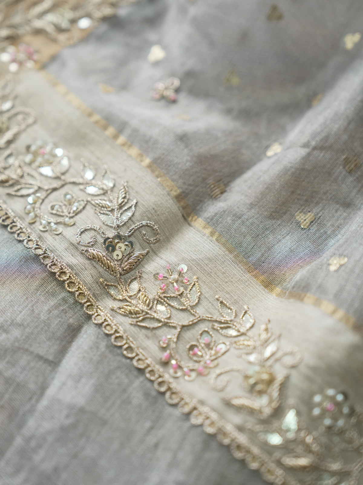 Dusky Pink- Silver Tissue Silk Saree with Hand Work
