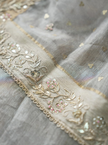 Dusky Pink- Silver Tissue Silk Saree with Hand Work