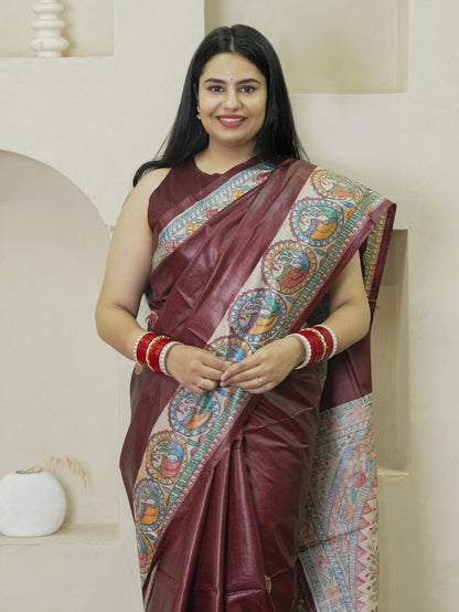 Maroon Madhubani Hand Painted Pure Tussar Silk Saree