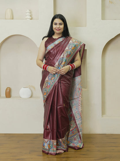 Maroon Madhubani Hand Painted Pure Tussar Silk Saree