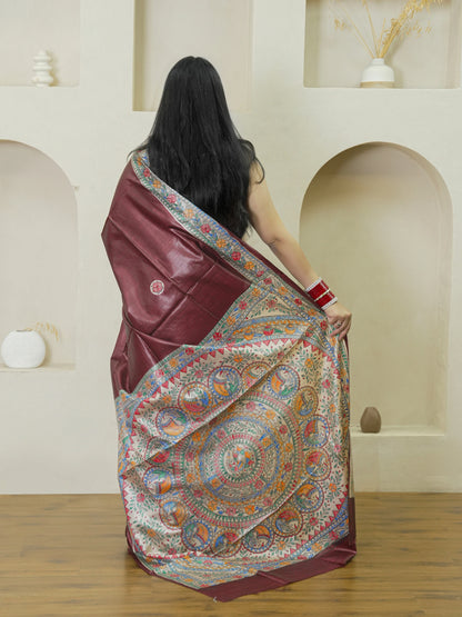 Maroon Madhubani Hand Painted Pure Tussar Silk Saree