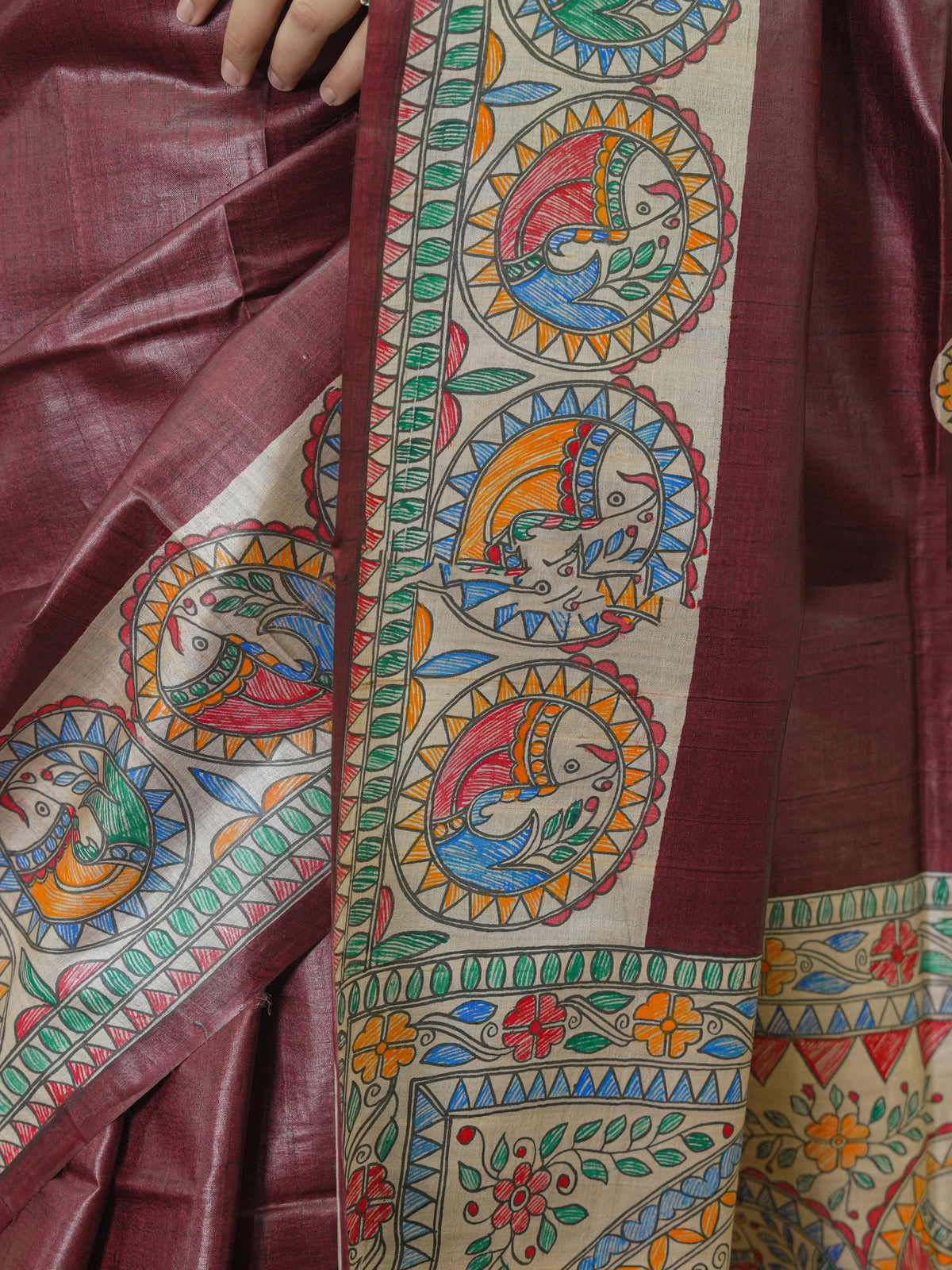 Maroon Madhubani Hand Painted Pure Tussar Silk Saree
