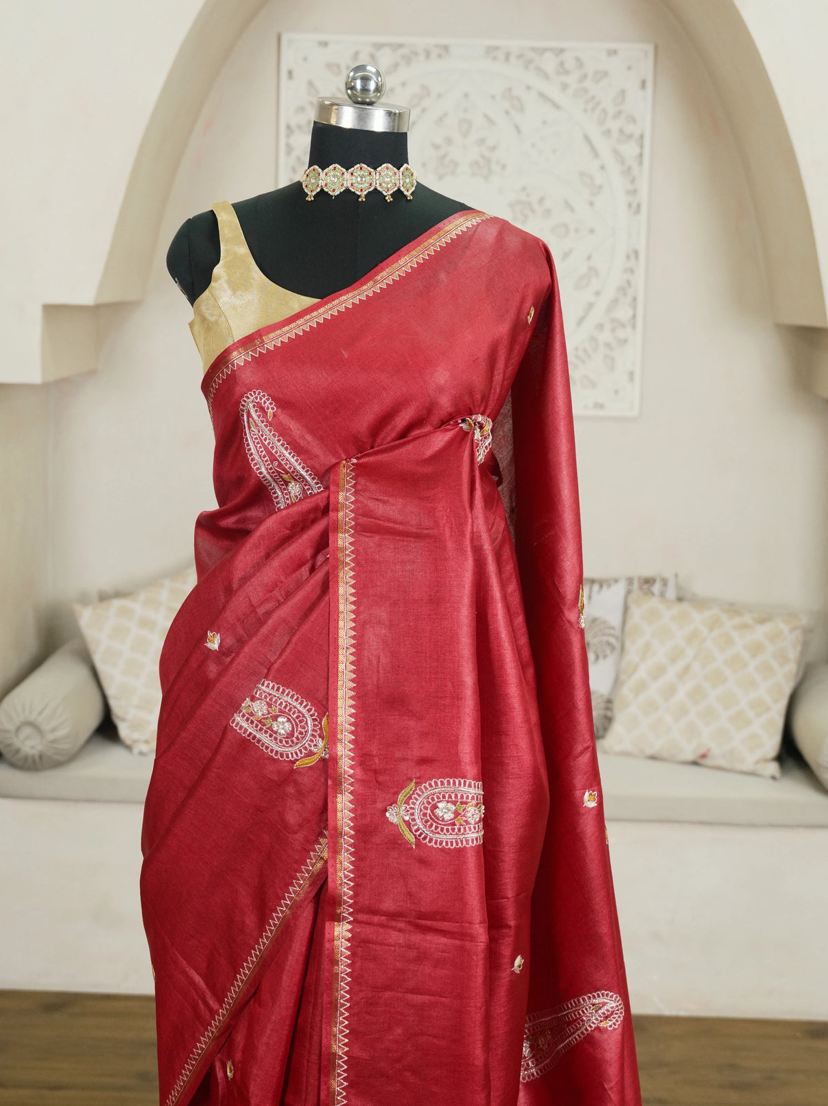 Maroon Hand Work Pure Tussar Silk Saree