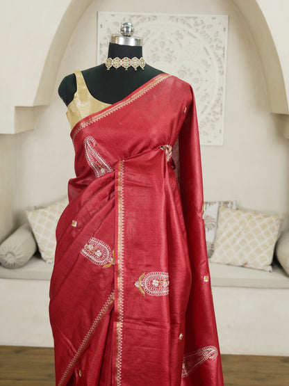 Maroon Hand Work Pure Tussar Silk Saree