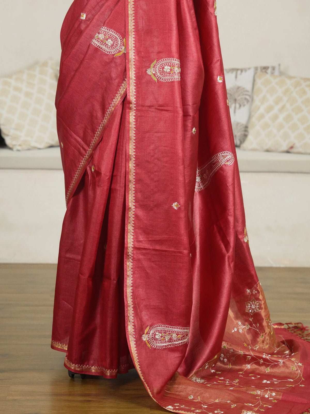 Maroon Hand Work Pure Tussar Silk Saree