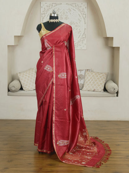 Maroon Hand Work Pure Tussar Silk Saree