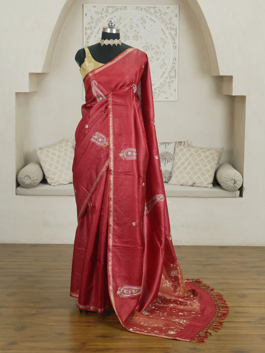 Maroon Hand Work Pure Tussar Silk Saree